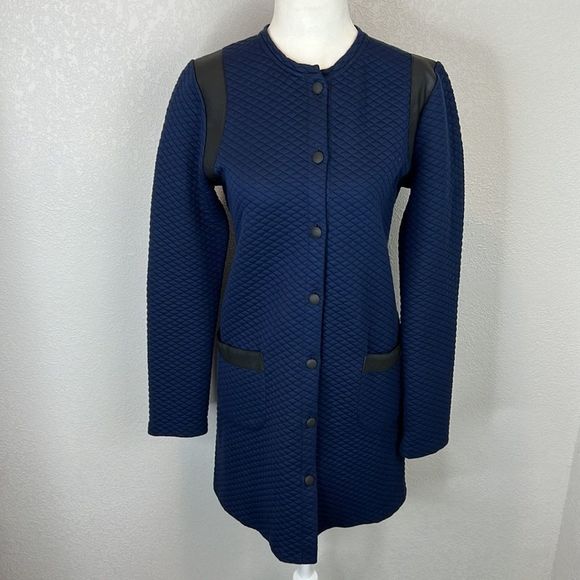 Sezane Quilted Long Line Jacket Navy with Black Leather Trim Size Medium - Picture 14 of 15